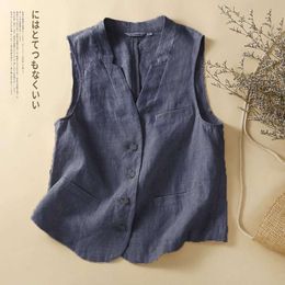 Flax Vest Womens Summer V Neck Outer T Shirt Short Sleeveless