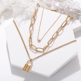 Pendant Necklaces Women Hip Hop Gold Padlock Heart Lock Pendants Multi-layer Thick Chain Statement Necklace Sweater Jewelry262w