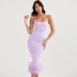 Casual Dresses Sexy Bag Buttocks Purple Satin Dress Ostrich Hair Suspender Elegant High-Grade Temperament Skirt Paty Midi