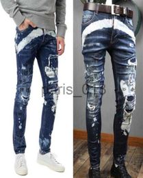 Men's Jeans Man Jeans Blue Graffiti Distressed Skater Sparkle Wash Skinny Fit Worn Out Effect Denim Pants Man267h2009794 x0909