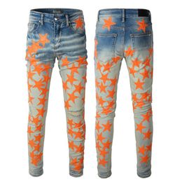 Mens Jeans For Guys Rip Slim Fit Skinny Man Pants Orange Star Patches Wearing Biker Denim Stretch Cult Stretch Motorcycle Trendy L290E