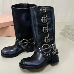 Women Luxury Designer Shoes Harness Belt Buckled Cowhide Leather Biker Knee Boots Heel Knight Boots Square Toe Ankle Booties