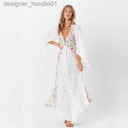 Basic Casual Dresses Bohe Maxi Dress Women V Neck Floral Print Kimono Flare Sleeve Beach Summer Casual Button Long Loose Robe Femme Dresses L230909