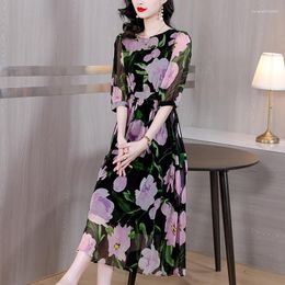 Casual Dresses Crew-neck Printed Chiffon Dress 2023 Summer Temperament Elegant Sweet Long Women Fashion Boho Beach