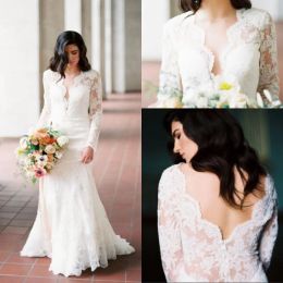 Mermaid Wedding Dresses Bridal Gown Long Sleeves Lace Applique Scalloped Sweep Train Custom Made Country Beach Tulle Plus Size Vestido De Novia 403 403