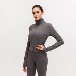 L-91 Front zipper Splice Running Jacket Women Sport coat Long Sleeve Yoga Jacket Elastic Slim Yoga Top Women Sport Shirt273J