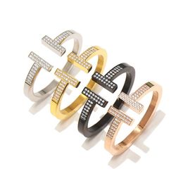 Fashion womens bracelet gold bangle diamond bracelets titanium steel wind thick double T shaped lady open symmetric designer jewel295C