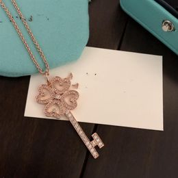 Luxury Pendant Necklaces S925 Sterling Silver Four Leaf Clover Full Crystal Hollow Heart Charm Key Long Chain Necklace With Box Fo315h