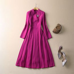 2023 Hot Pink Rhinestone Brooch Dress Long Sleeve Solid Colour Notched-Lapel Midi Peplum Casual Dresses S3A050330 Plus Size XXL