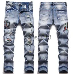Men's Jeans Men's Embroidery Patch Biker Jeans Slim Fit Motocycle Casual Denim Trousers Man x0911