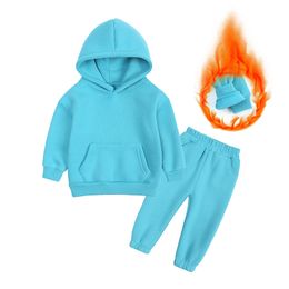 Çocuklar Bebek Peluş Giysileri Yeni Kış Polar Sweater Seti Spor Giyim Boy Kız Kız Hoodies Düz Renk Sıradan Kapüşonlu Sweatshirt Pants 2641