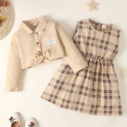 Clothing Sets 1 6Years Little Girl Clothes Suit Sleeveless Plaid Dress Solid Long Sleeve Top 2Pcs Costume Kids Spring Casual Skirt Outfit 230909