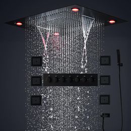 Bathroom 24inch Thermostatic Rain Shower Set Large LED Showerhead Rainfall Waterfall Massage Misty Bath Black Faucet System With 4264k