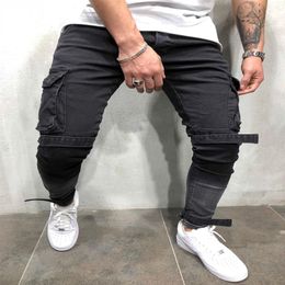 Mens Black Denim Slim Fit Jeans Male Skinny Pencil Pants Casual Cargo Pants Trousers with Pockets Straps 255m