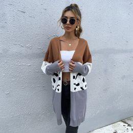 Independent Station Womens Clothing Autumn Long European and American Leopard Splicing Cardigan Knitted Sweater Coat for Women