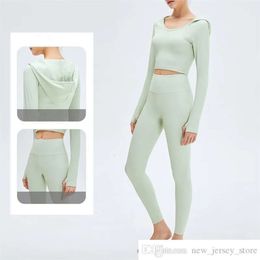 LL-42 Tracksuit Womens Suits Yoga Sets Outfit Running Long Sleeve Tops Ninth Pants Exercise Adult High Waist Fitness Wear Girls Elastic Sportswear