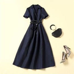 2023 Autumn Lapel Neck Belted Dress Blue Solid Color Short Sleeve Mid-Calf Dresses 22A081603226a