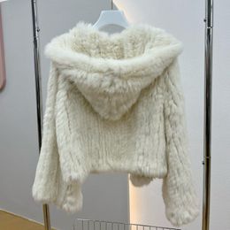 Women's Fur Faux Fur Real Rabbit Fur Hooded Coat Long Sleeve Women Casual Loose Knitted Genuine Fur Jacket With Hood Female Natural Fur Outwear 230908