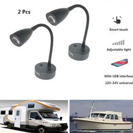 2Pcs LED Reading Light 12V 24V Smart Touch Dimmable Flexible Gooseneck Wall Lamp For Motorhome Yacht Cabin with USB Charger Port250O