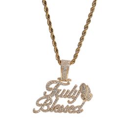 Hip Hop Rapper Men shiny diamond pendant gold necklace Truly Blessed prayer hand pendant set zircon Jewellery night club accessory sweater rope chain 24inch1819