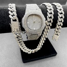 Wristwatches 3 2Pcs Necklace Watch Bracelet Hip Hop Miami Cuban Chain Gold Colour Iced Out Paved Rhinestone Rapper Men Jewellery Set 252d