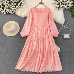 Casual Dresses Spring Autumn Vintage Long Sleeve Square Neck Loose Hollow A-line Dress Women Holiday Work Chic Midi Pink White