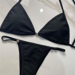 Trendy Metal Chain Bikini Set Solid Black Color Letter Swimwears Summer Beachwear With Tags For Ladies Gift240w