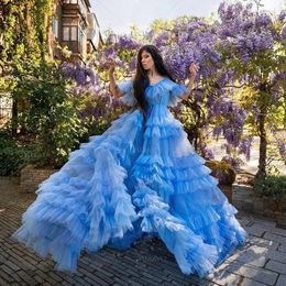 Blue Ruffles Tiered Prom Dresses Off The Shoulder A Line Layered Pregnant Photographt Dress For Woman Multilayered Bridal Robes 326