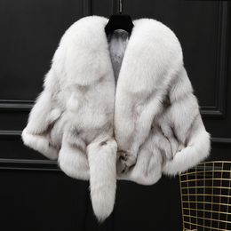 Women's Fur Faux Winter Cloak Warm Women Cardigan big real Collar Cape Fashion Solid Poncho With medium Sleeves Evening dress shaw 230908