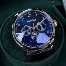 Mens WristWatch Moon Phase Automatic Mechanical Day Date Multifunction Watch Blue face Black leather strap Steel Case Uhr 44mm264D