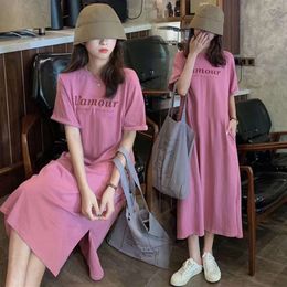 Summer Korean fat sister dress women's long knee length skirt loose cover belly large short sleeve T-shirt skirt