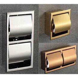 304 Stainless Steel Polished Wall Recessed Built-in Toilet Paper Holder Public el Rose Gold Concealed roll tissue 210709214u