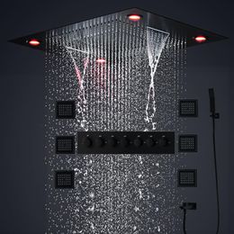 Bathroom 24inch Thermostatic Rain Shower Set Large LED Showerhead Rainfall Waterfall Massage Misty Bath Black Faucet System With 4258r