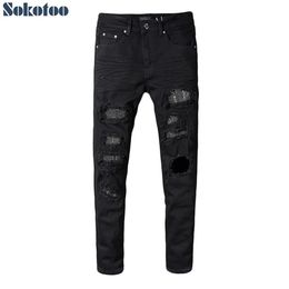 Sokotoo Men's slim skinny crystal rhinestone patchwork ripped jeans Fashion patch black stretch denim pants248S