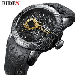 New Fashion 3D Sculpture Dragon Men's Quartz Watches Brand BIDEN Gold Watch Men Exquisite Relief Creative Clock Relogio325h