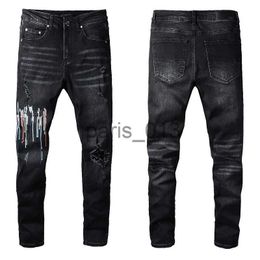 Mens Jeans Black Skinny Jeans Stretch For Mens Biker Slim Knee Ripped With Hole Spray on Letter Paint Man Pant Splash Designer Distressed Motor Fit Long Straight Zippe