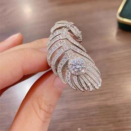 Ins Top Sell Wedding Rings Luxury Jewelry 925 Sterling Silver Pave White Sapphire CZ Diamond Gemstones Eternity Feather Open Adjus288W