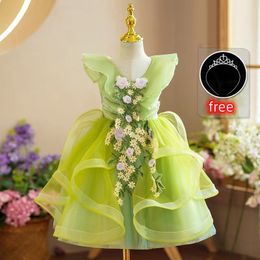 Cute Green Princess Flower Dresses For Wedding Ball Gown Little Girl 3D Floral Appliqued Toddler Kids Prom Pageant Gowns Tulle First Communion Dress 403