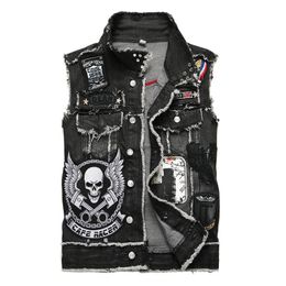 Men's Vests ABOORUN Punk Denim Vest Black Skull Embroidery Waistcoat Brand Slim fit Sleeveless Jackets for Male x1580 230909