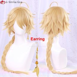 Cosplay Wigs Game Genshin Impact Aether Cosplay Wig 80cm Long Braid With Earrings Heat Resistant Synthetic Hair Party Anime Wigs Wig Cap 230908