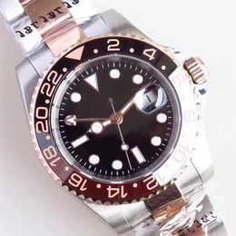 St9 Steel Mens Watches Two Tone Everose Root Beer Brown GMT Function Automatic Black Ceramic Bezel 40MM Sapphire Crystal Wristwatc271n