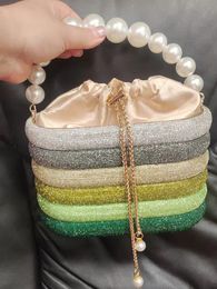 Evening Bags Fashion crystal bucket bags pearl mix color silk crossbody handbags 230908