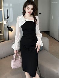 Casual Dresses 2023 Black White Panelled Slim For Woman Elegant Sweet Bow Puff Sleeve Split Midi Office Lady Party Date Vestido