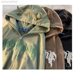 Zipper hoodie cute horn letter embroidery hooded cardigan street sports sweater men and women retro oversize jacket Y2K autumn263Q