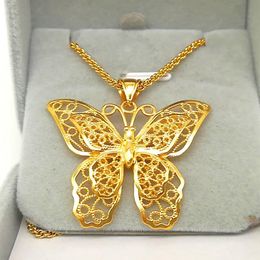 Hollow Butterfly Pendant Chain Necklace 18k Yellow Gold Filled Filigree Big Jewellery Gift254q