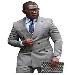 New Fashion Grey Double Breasted Wedding Suits for Men 2 Pieces Men Suits Groom Tuxedos Jacket Pants297H