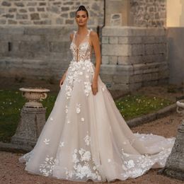 Berta 3D Appliqued Wedding Dresses Backless Bridal Gowns Sequined V Neckline A Line Tulle Chapel Train Vestido De Novia