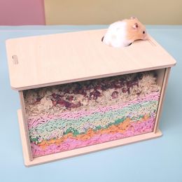 Other Pet Supplies Hamster Transparent Window 6cm Hole Wood House Hideout Guinea Pigs Bathing Container Small Animals Sand Litter Box Products 230909