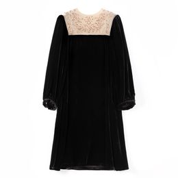 2023 Summer Black Solid Colour Beaded Dress Long Sleeve Round Neck Lace Panelled Knee-Length Casual Dresses S3S08M0932320110