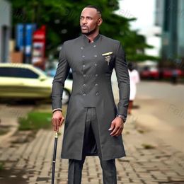 Double Breasted African Design Slim Fit Men Suits For Wedding Groom Tuxedos Dark Grey Bridegroom Man Prom Blazer Men's & Blaz291t